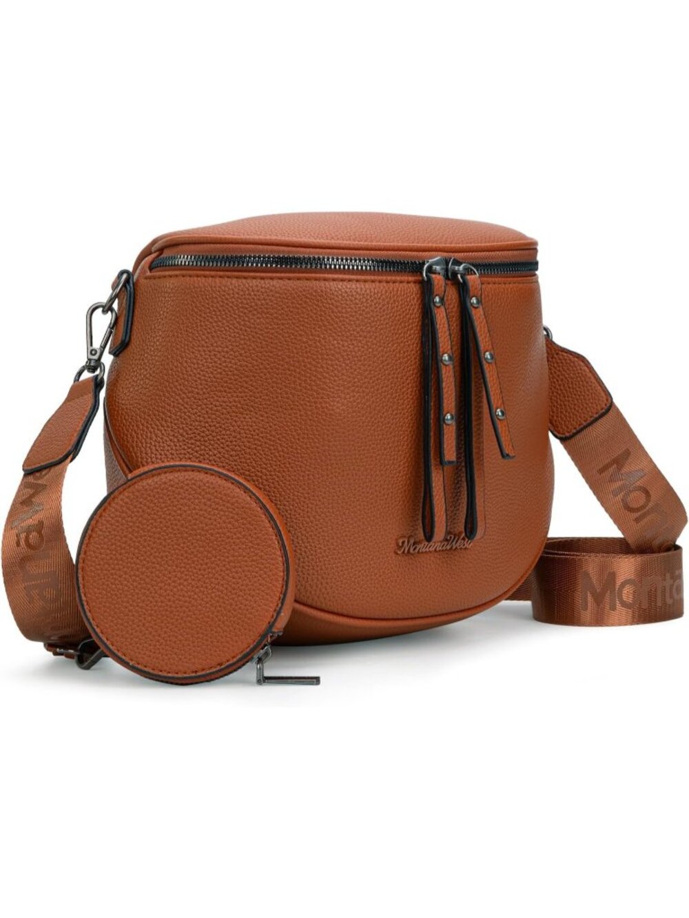 Women's Cognac Vegan Leather Bum Bag with Coin Purse West Strap Crossbody Bag